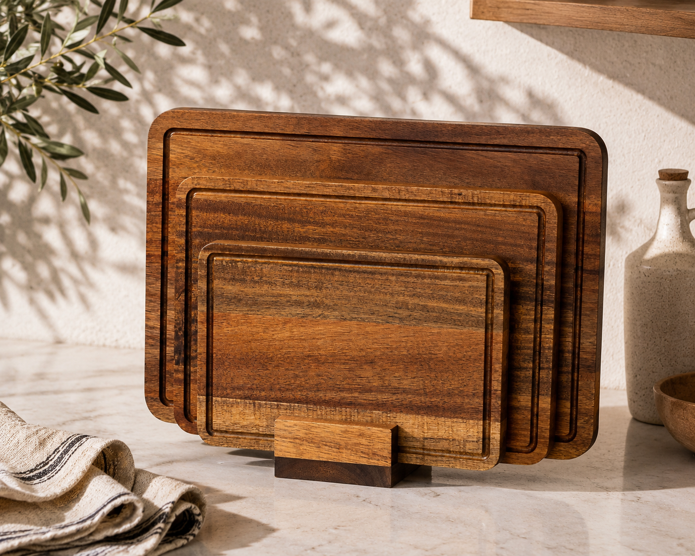 Acacia Wood Cutting Board Set with Stand